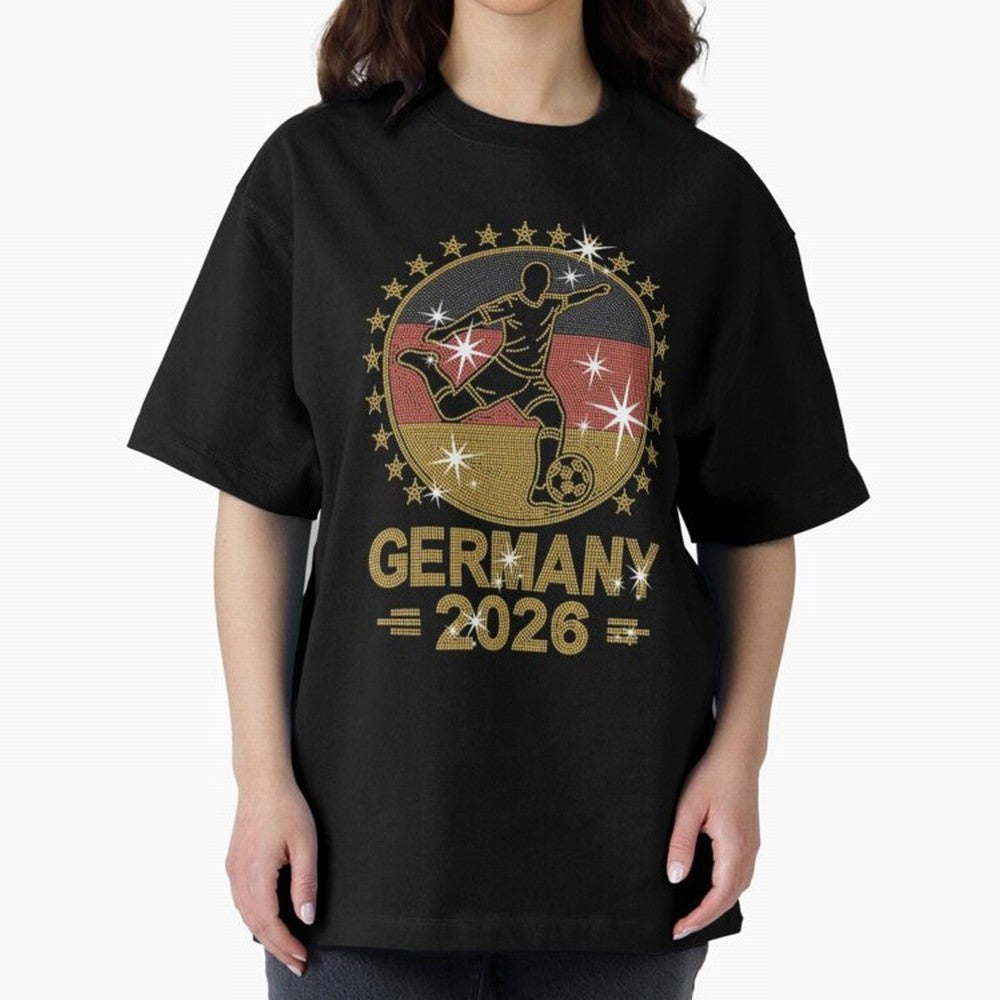 Germany Soccer World Cup 2026 Glitter Style Fan Art Oversized T-Shirt Bring the FIFA World Cup 2026 USA Canada Mexico Journey through Cristiano Ronaldo Highlights, Brazil, Portugal and Argentina Pride, Stadium Memories, Football Loyalty,