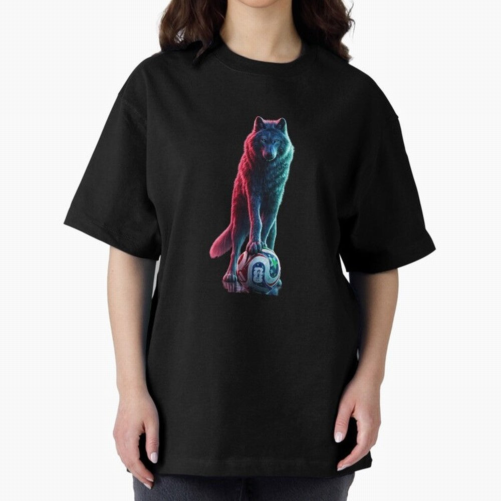 Neon Alpha Wolf with Soccer Ball | Futuristic Sports Fantasy Art Oversized T-Shirt Make Every Match About Global Football Passion for FIFA World Cup 2026 Group Stage, Highlighting Mbappe and Neymar, Argentina and Brazil, Goal Celebration Energy,