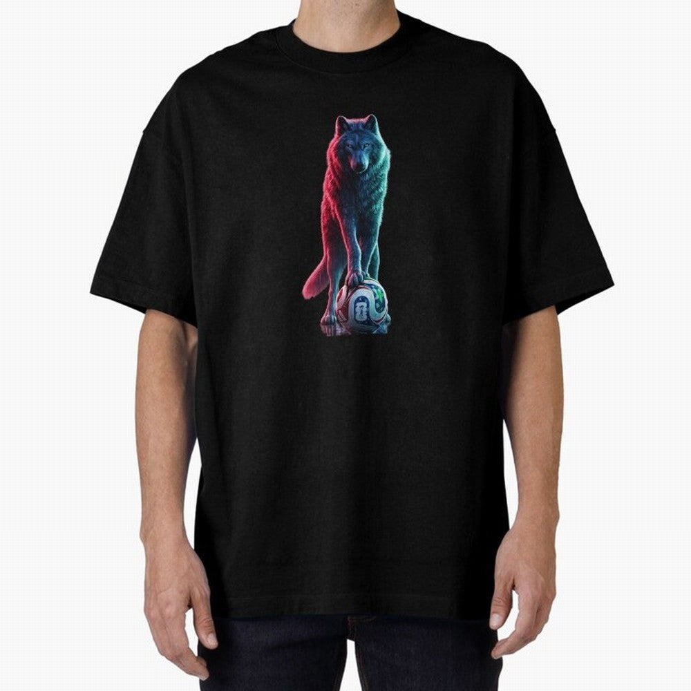 Neon Alpha Wolf with Soccer Ball | Futuristic Sports Fantasy Art Oversized T-Shirt Make Every Match About Global Football Passion for FIFA World Cup 2026 Group Stage, Highlighting Mbappe and Neymar, Argentina and Brazil, Goal Celebration Energy,