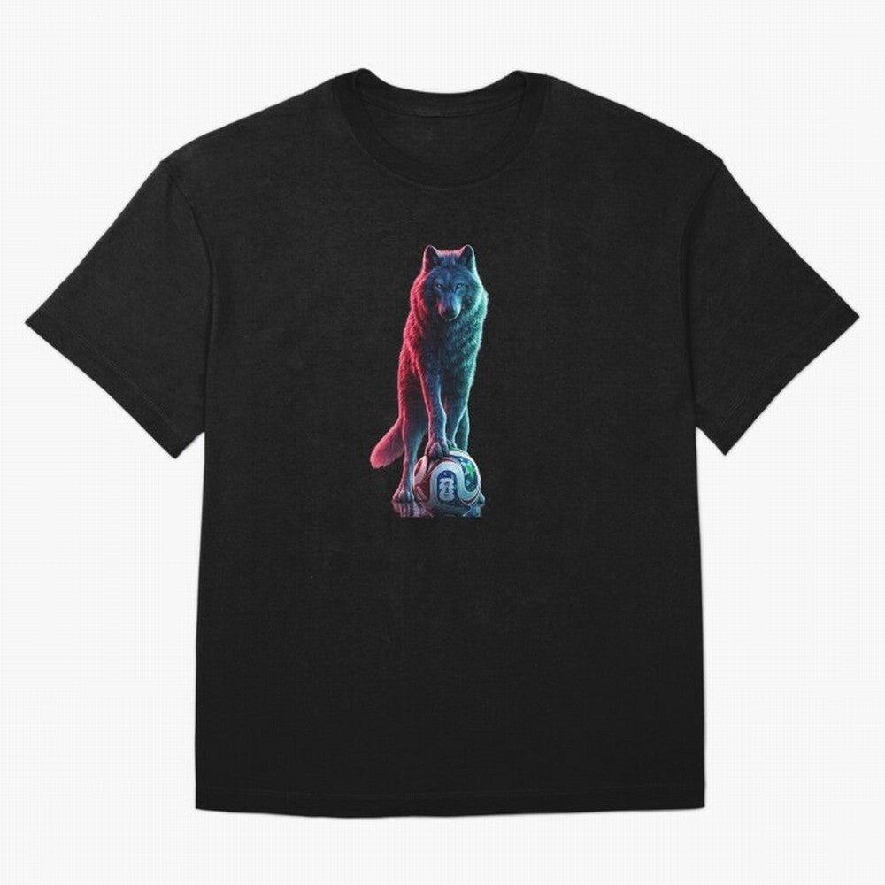 Neon Alpha Wolf with Soccer Ball | Futuristic Sports Fantasy Art Oversized T-Shirt Make Every Match About Global Football Passion for FIFA World Cup 2026 Group Stage, Highlighting Mbappe and Neymar, Argentina and Brazil, Goal Celebration Energy,