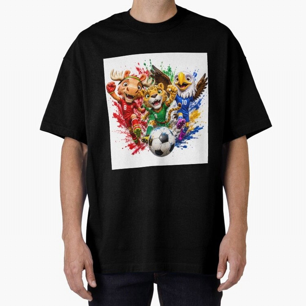 World Football Mascots ¨C Ultimate Soccer Fan Cartoon Design Oversized T-Shirt Join Match Day Hype around FIFA World Cup 2026 USA Canada Mexico, Cristiano Ronaldo, Haaland and CR7, England, Championship Spirit, Famous Goals, Roaring Crowds and
