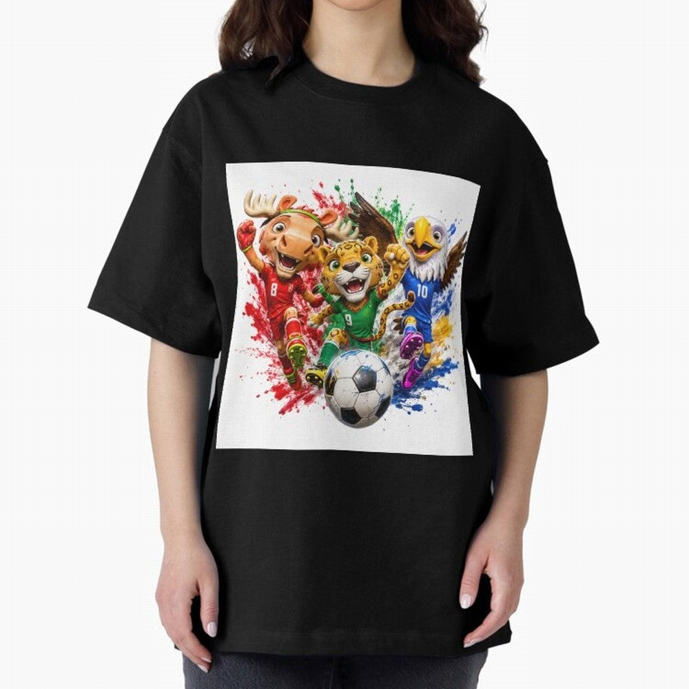 World Football Mascots ¨C Ultimate Soccer Fan Cartoon Design Oversized T-Shirt Join Match Day Hype around FIFA World Cup 2026 USA Canada Mexico, Cristiano Ronaldo, Haaland and CR7, England, Championship Spirit, Famous Goals, Roaring Crowds and