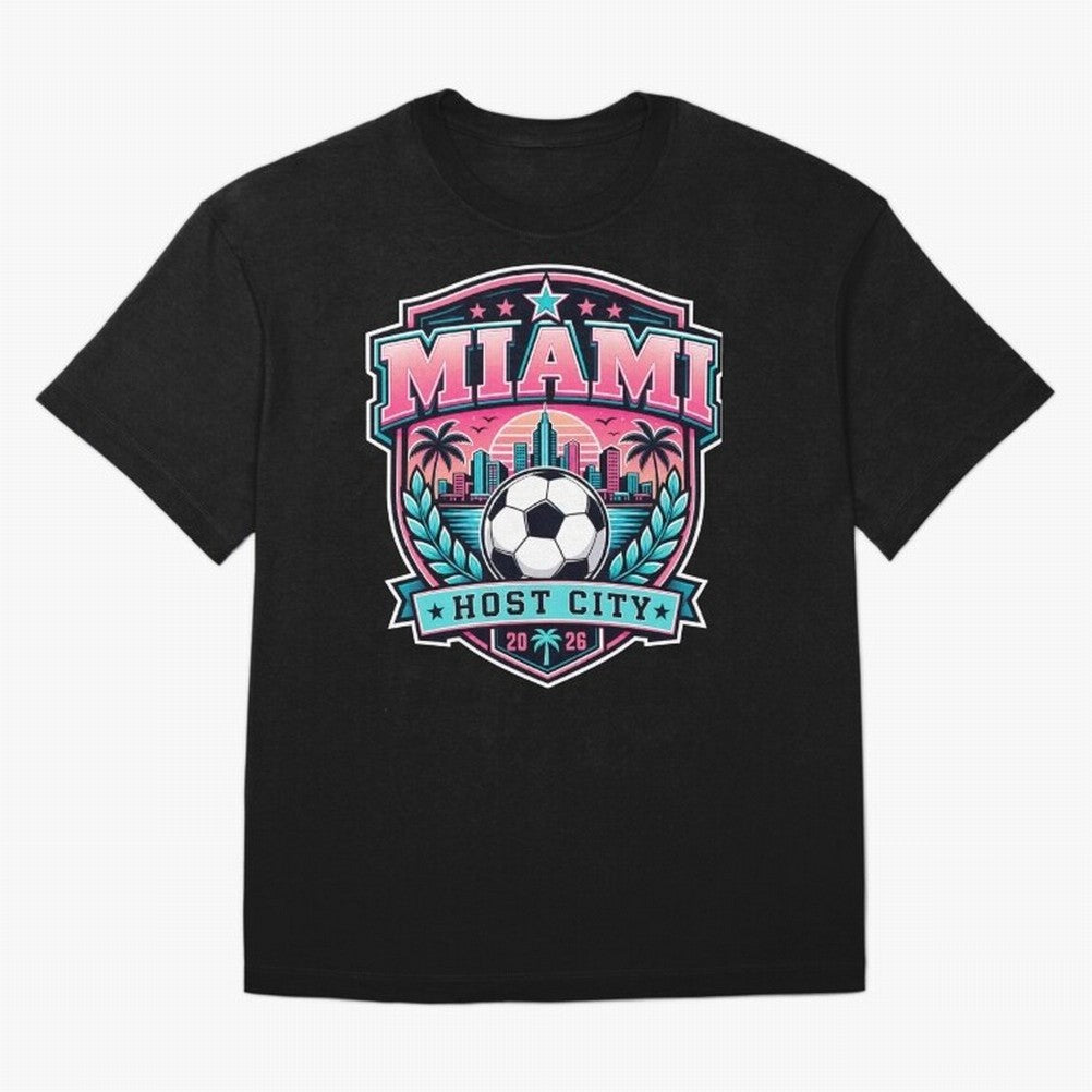 Miami 2026 Host City Emblem Soccer Football Events Oversized T-Shirt Join Supporters Worldwide for FIFA World Cup 2026 USA Canada Mexico Spirit, Built around England, Cristiano Ronaldo, Haaland and CR7, Football Festival Excitement, Trophy