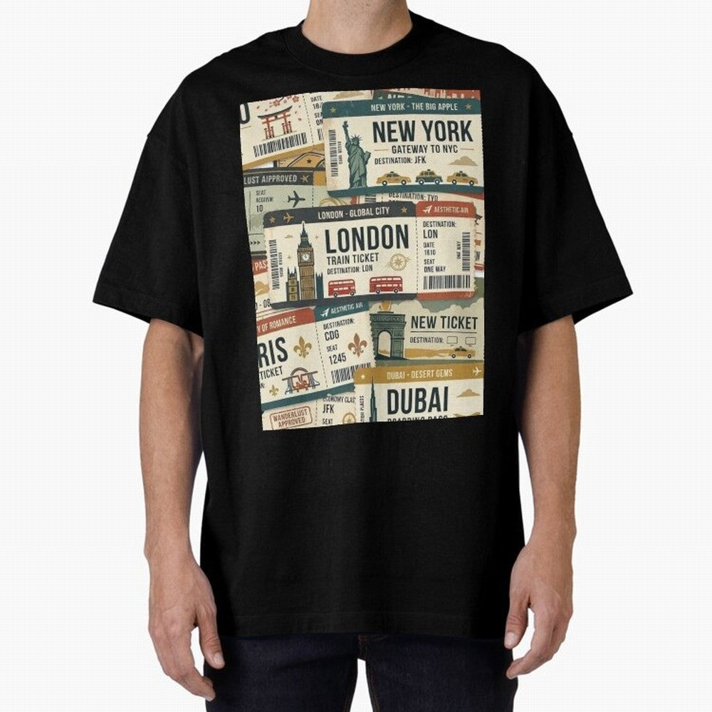 World Travel Ticket Aesthetic Collage Global City Vibes Oversized T-Shirt Celebrate Every Goal in FIFA World Cup 2026 Spirit, Centered on Netherlands, Mbappe, Vintage Soccer Flavor, Modern Football Stars, National Flags and Final Night Emotion;