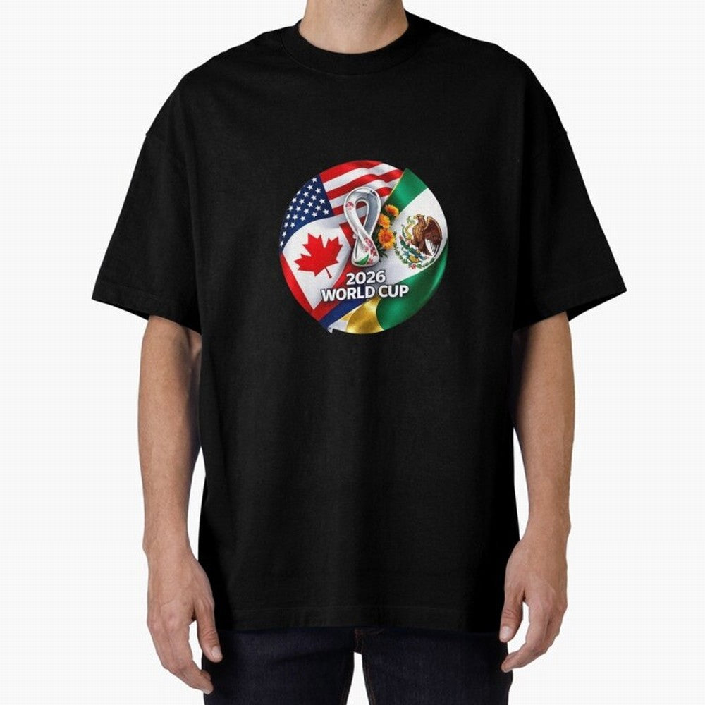 Host Trio Flags Circular Emblem Oversized T-Shirt Experience FIFA World Cup 2026 Group Stage Centered on Cristiano Ronaldo, Brazil, Portugal and Argentina Energy, Match Day Excitement, Supporter Culture, Golden Goals and Global Football Passion;