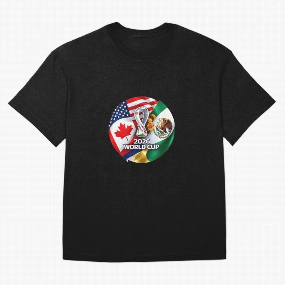 Host Trio Flags Circular Emblem Oversized T-Shirt Experience FIFA World Cup 2026 Group Stage Centered on Cristiano Ronaldo, Brazil, Portugal and Argentina Energy, Match Day Excitement, Supporter Culture, Golden Goals and Global Football Passion;