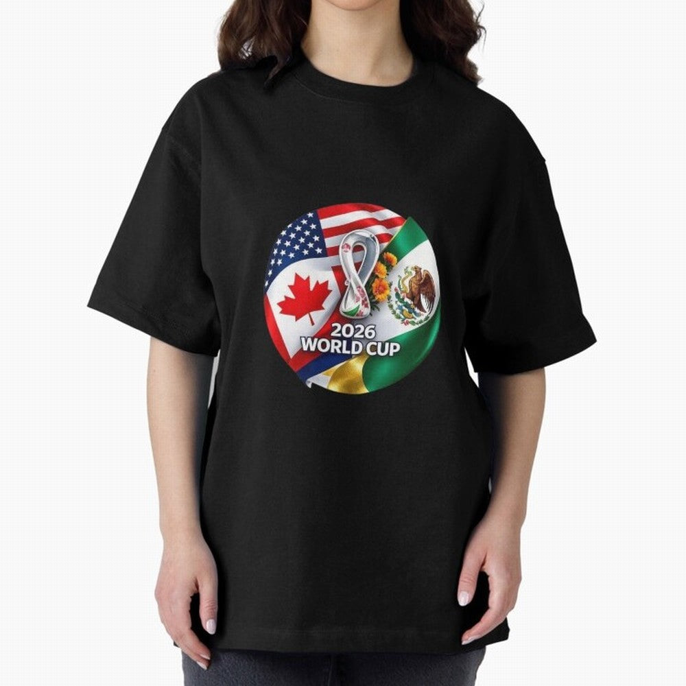 Host Trio Flags Circular Emblem Oversized T-Shirt Experience FIFA World Cup 2026 Group Stage Centered on Cristiano Ronaldo, Brazil, Portugal and Argentina Energy, Match Day Excitement, Supporter Culture, Golden Goals and Global Football Passion;