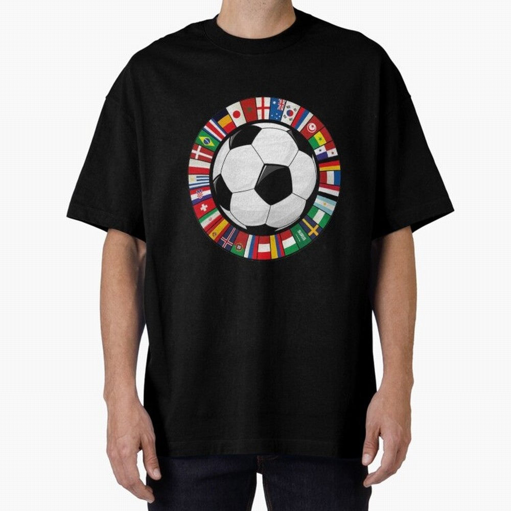 Global Nations Football Circle Art Oversized T-Shirt Follow Every Goal of the FIFA World Cup 2026 Group Stage Journey through Mbappe and Neymar Highlights, England and Germany Pride, Champion Mindset, Group Stage Buzz, Knockout Tension and