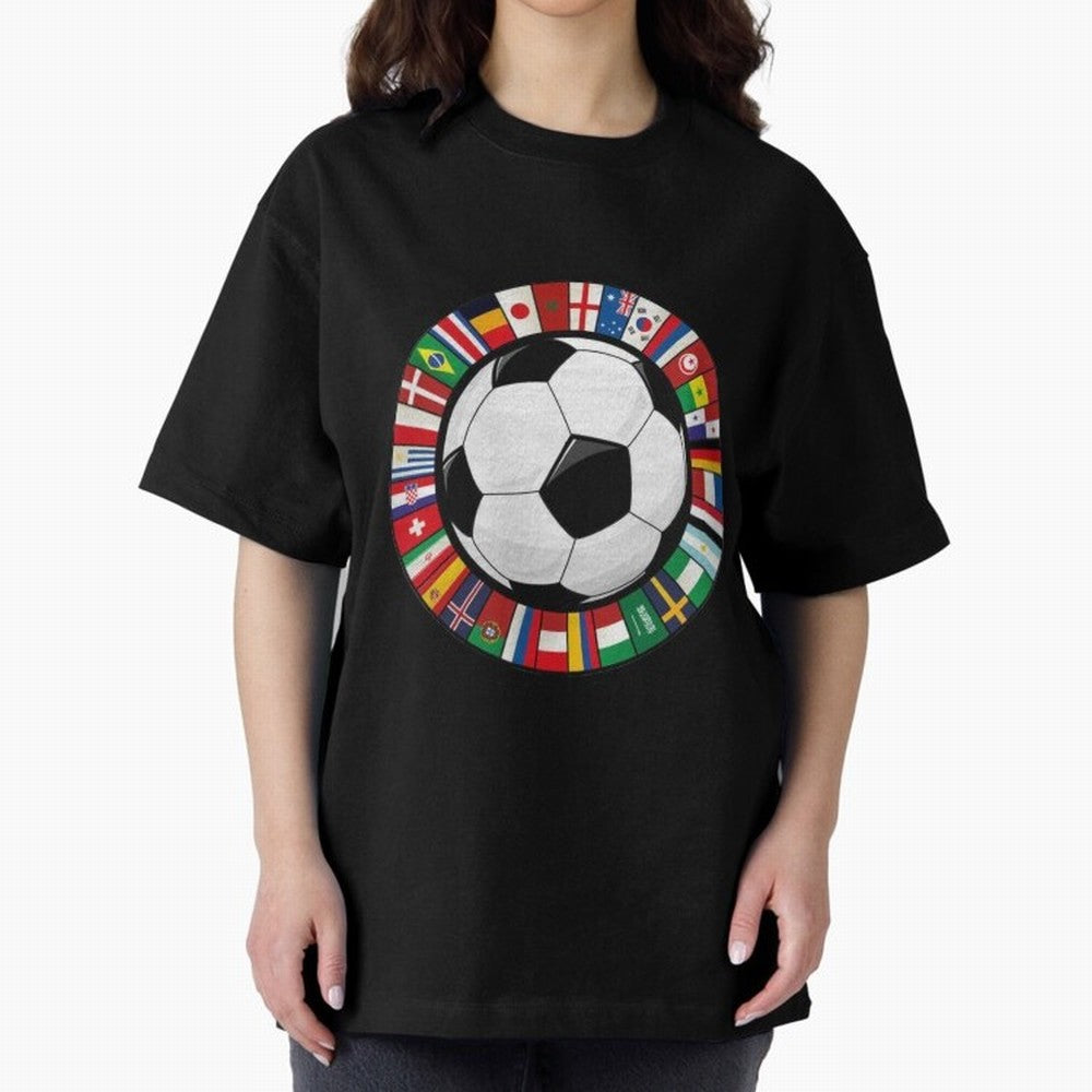 Global Nations Football Circle Art Oversized T-Shirt Follow Every Goal of the FIFA World Cup 2026 Group Stage Journey through Mbappe and Neymar Highlights, England and Germany Pride, Champion Mindset, Group Stage Buzz, Knockout Tension and
