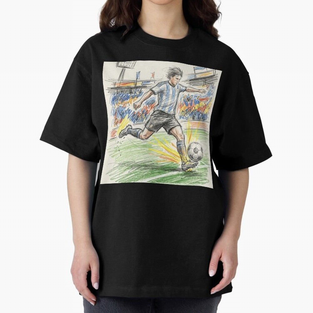 Dynamic Soccer Power Kick - Blue & White Jersey Style Oversized T-Shirt Bring Trophy Dreams to the FIFA World Cup 2026 USA Canada Mexico Journey through Messi, CR7 and Mbappe Highlights, Brazil Pride, Vintage Soccer Flavor, Modern Football Stars,