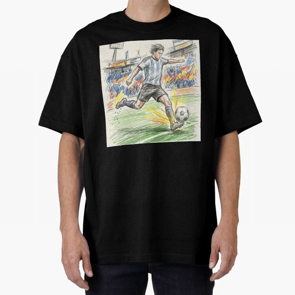 Dynamic Soccer Power Kick - Blue & White Jersey Style Oversized T-Shirt Bring Trophy Dreams to the FIFA World Cup 2026 USA Canada Mexico Journey through Messi, CR7 and Mbappe Highlights, Brazil Pride, Vintage Soccer Flavor, Modern Football Stars,