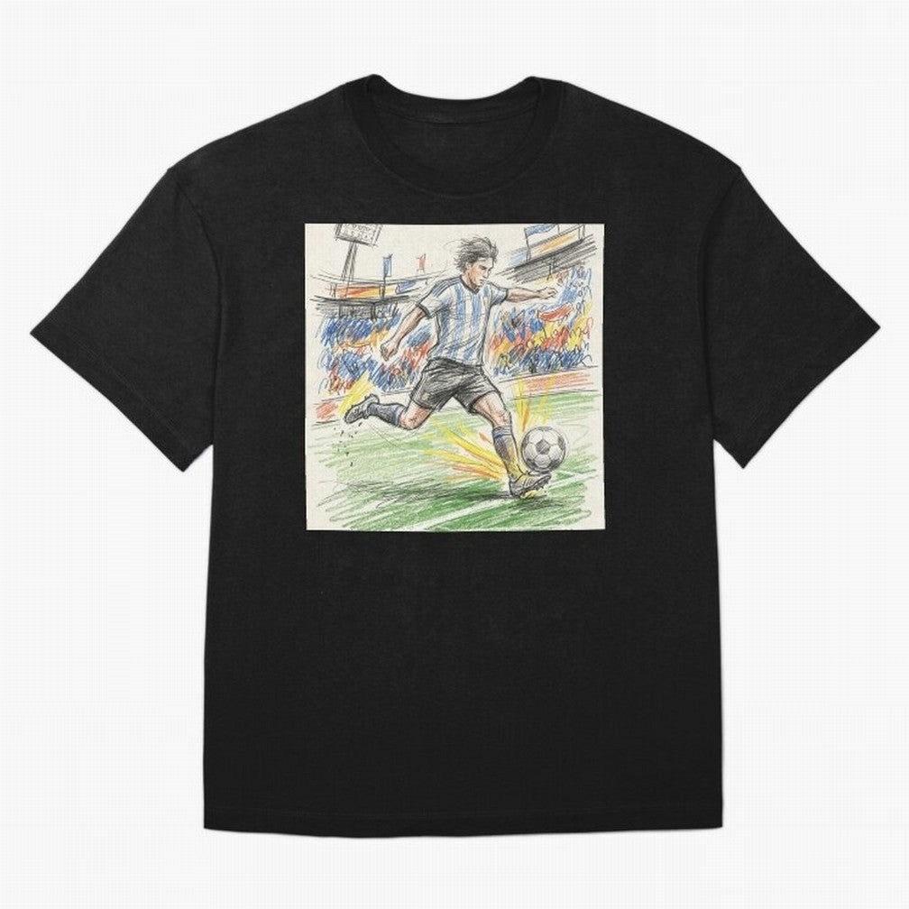Dynamic Soccer Power Kick - Blue & White Jersey Style Oversized T-Shirt Bring Trophy Dreams to the FIFA World Cup 2026 USA Canada Mexico Journey through Messi, CR7 and Mbappe Highlights, Brazil Pride, Vintage Soccer Flavor, Modern Football Stars,