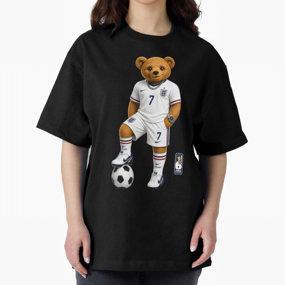 England Soccer Bear World Cup Teddy Bear Oversized T-Shirt Support the Legends of FIFA World Cup 2026 Spirit, Made for Argentina, France and Brazil, Neymar, Retro Football Energy, Iconic Rivalries, Trophy Chase Drama and Stadium Atmosphere; Great