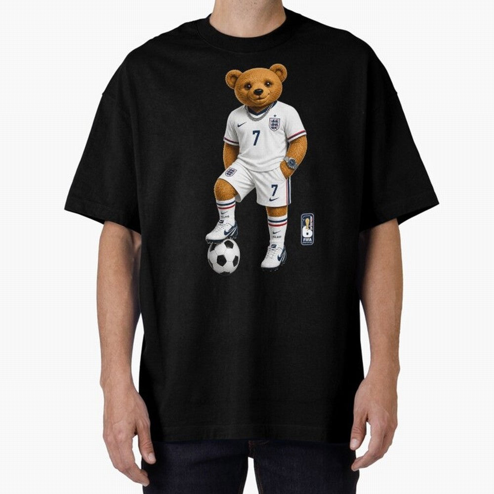 England Soccer Bear World Cup Teddy Bear Oversized T-Shirt Support the Legends of FIFA World Cup 2026 Spirit, Made for Argentina, France and Brazil, Neymar, Retro Football Energy, Iconic Rivalries, Trophy Chase Drama and Stadium Atmosphere; Great