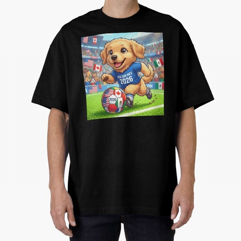 Golden Retriever Soccer Champ - World Cup 2026 Spirit Oversized T-Shirt Honor Football Greatness during Global Football Passion for FIFA World Cup 2026 Group Stage, Capturing Mbappe, France and Portugal, Global Supporter Spirit, Legendary Goals,