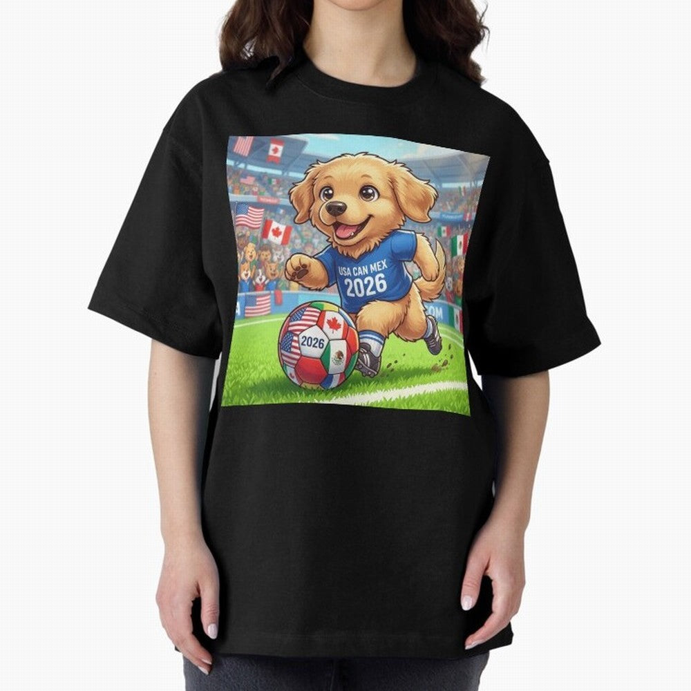 Golden Retriever Soccer Champ - World Cup 2026 Spirit Oversized T-Shirt Honor Football Greatness during Global Football Passion for FIFA World Cup 2026 Group Stage, Capturing Mbappe, France and Portugal, Global Supporter Spirit, Legendary Goals,