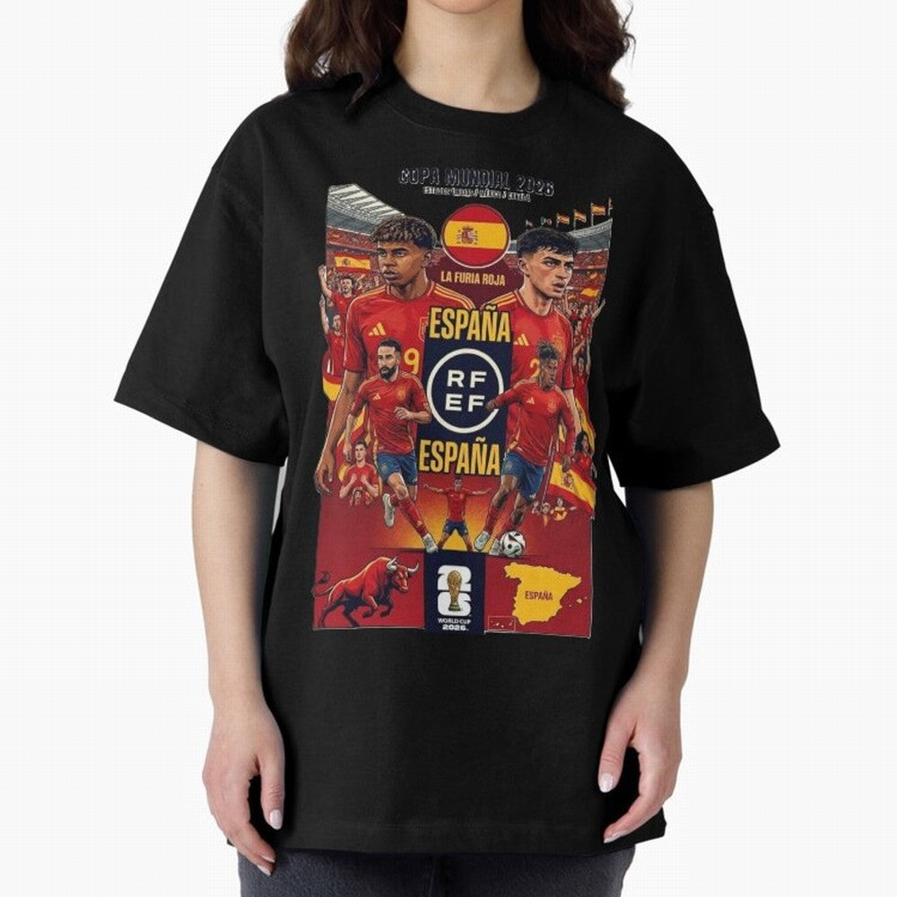 Spain 2026 ¨C La Furia Roja World Cup Poster Oversized T-Shirt Feel International Energy from FIFA World Cup 2026 for Fans of Cristiano Ronaldo and Germany, Bringing Stadium Memories, Football Loyalty, International Chants and Championship