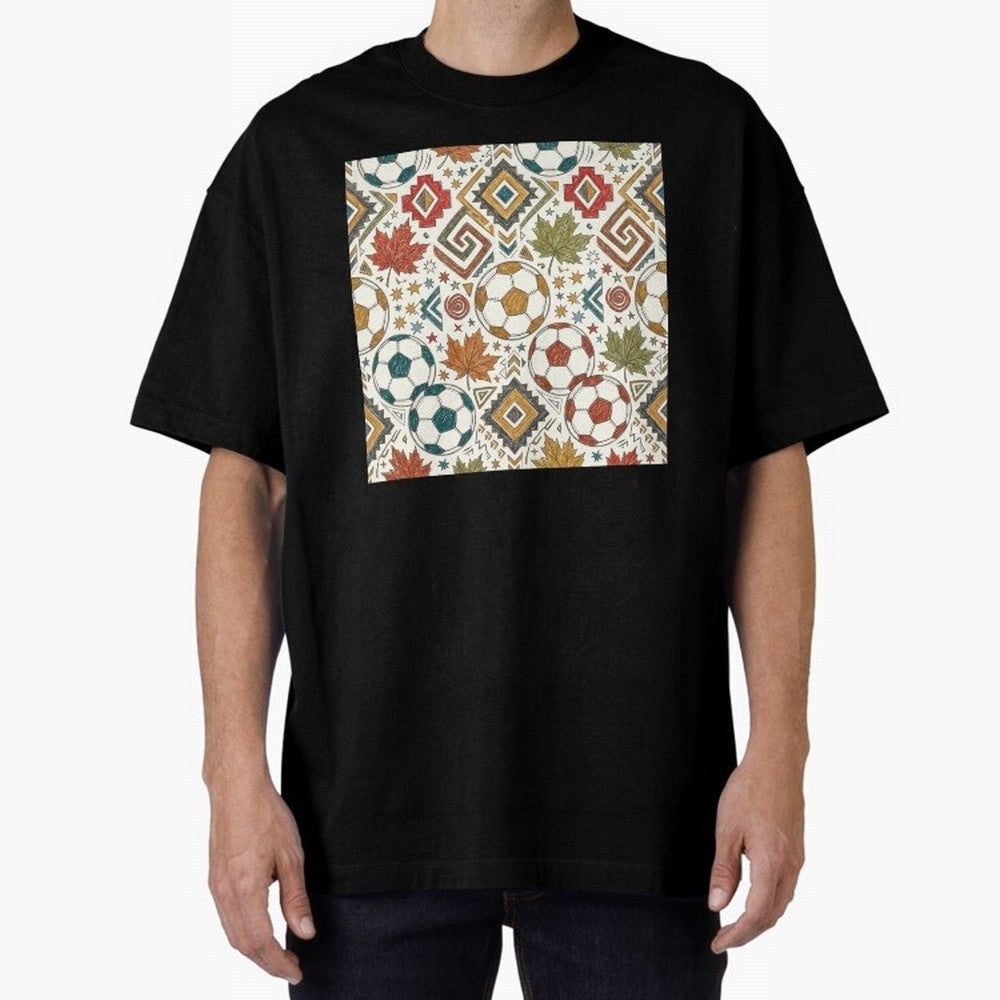 2026 World Cup Unity: Aztec & Maple Soccer Pattern Oversized T-Shirt Show Your Tournament Heart for the FIFA World Cup 2026 Journey through Mbappe Highlights, Spain Pride, Worldwide Fan Energy, Dramatic Goals, Stadium Lights and Championship