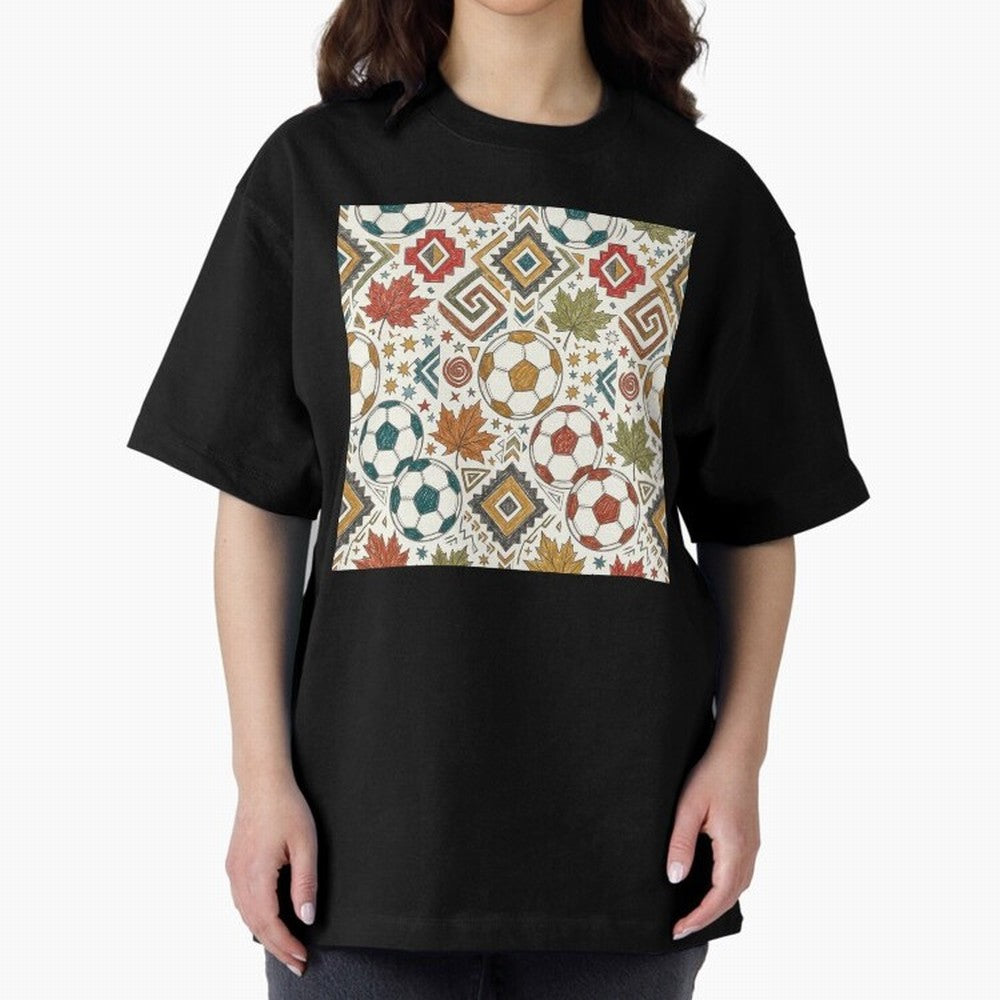 2026 World Cup Unity: Aztec & Maple Soccer Pattern Oversized T-Shirt Show Your Tournament Heart for the FIFA World Cup 2026 Journey through Mbappe Highlights, Spain Pride, Worldwide Fan Energy, Dramatic Goals, Stadium Lights and Championship