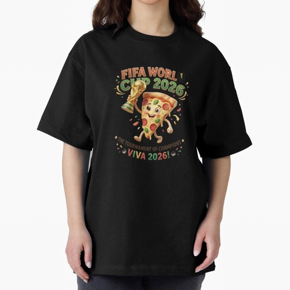 Happy Pizza Character Holding World Cup 2026 Trophy Oversized T-Shirt Bring Retro Soccer Energy to FIFA World Cup 2026 for Fans of Cristiano Ronaldo and Brazil, Portugal and Argentina, Bringing Classic Soccer Heritage, Championship Pressure, Fan