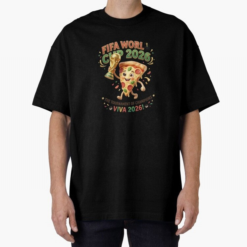 Happy Pizza Character Holding World Cup 2026 Trophy Oversized T-Shirt Bring Retro Soccer Energy to FIFA World Cup 2026 for Fans of Cristiano Ronaldo and Brazil, Portugal and Argentina, Bringing Classic Soccer Heritage, Championship Pressure, Fan
