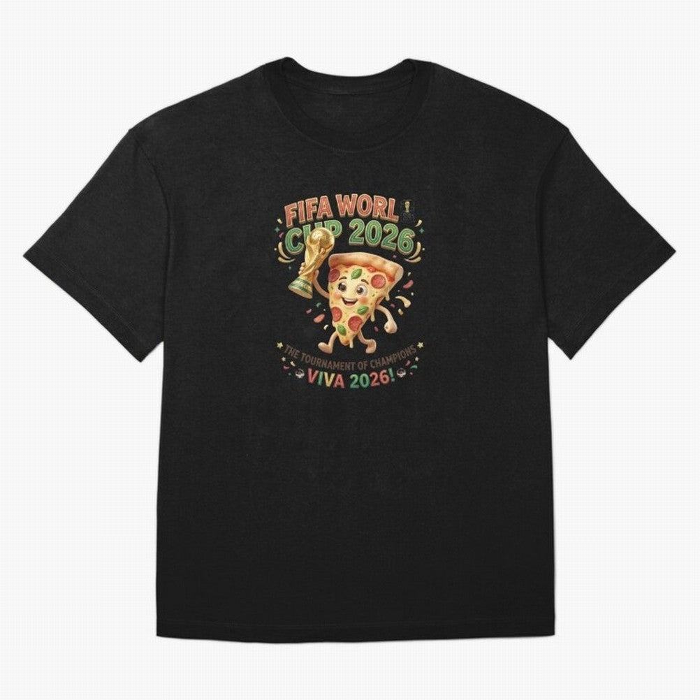 Happy Pizza Character Holding World Cup 2026 Trophy Oversized T-Shirt Bring Retro Soccer Energy to FIFA World Cup 2026 for Fans of Cristiano Ronaldo and Brazil, Portugal and Argentina, Bringing Classic Soccer Heritage, Championship Pressure, Fan