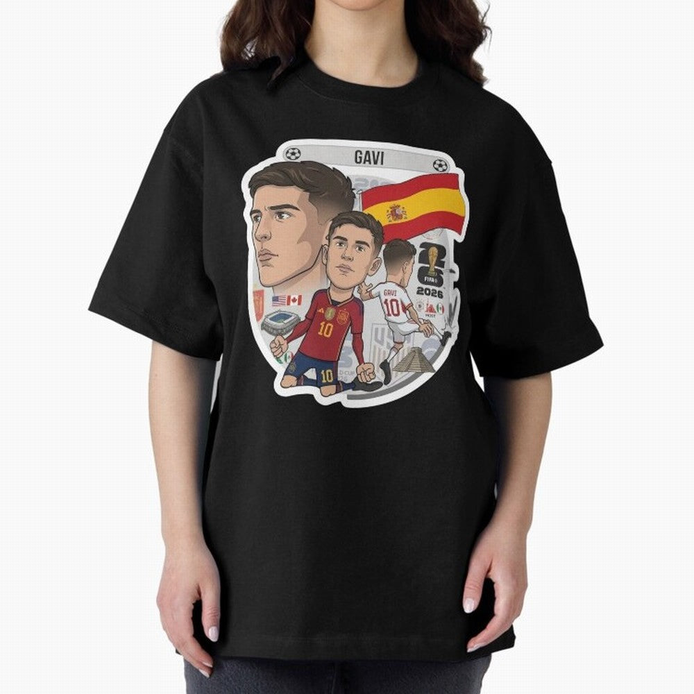 Gavi Spain National Team Football Cartoon Illustration Oversized T-Shirt Bring a Champion Mindset to the FIFA World Cup 2026 Journey through Neymar, Haaland and Cristiano Ronaldo Highlights, England and Germany Pride, Football Passion, Legendary