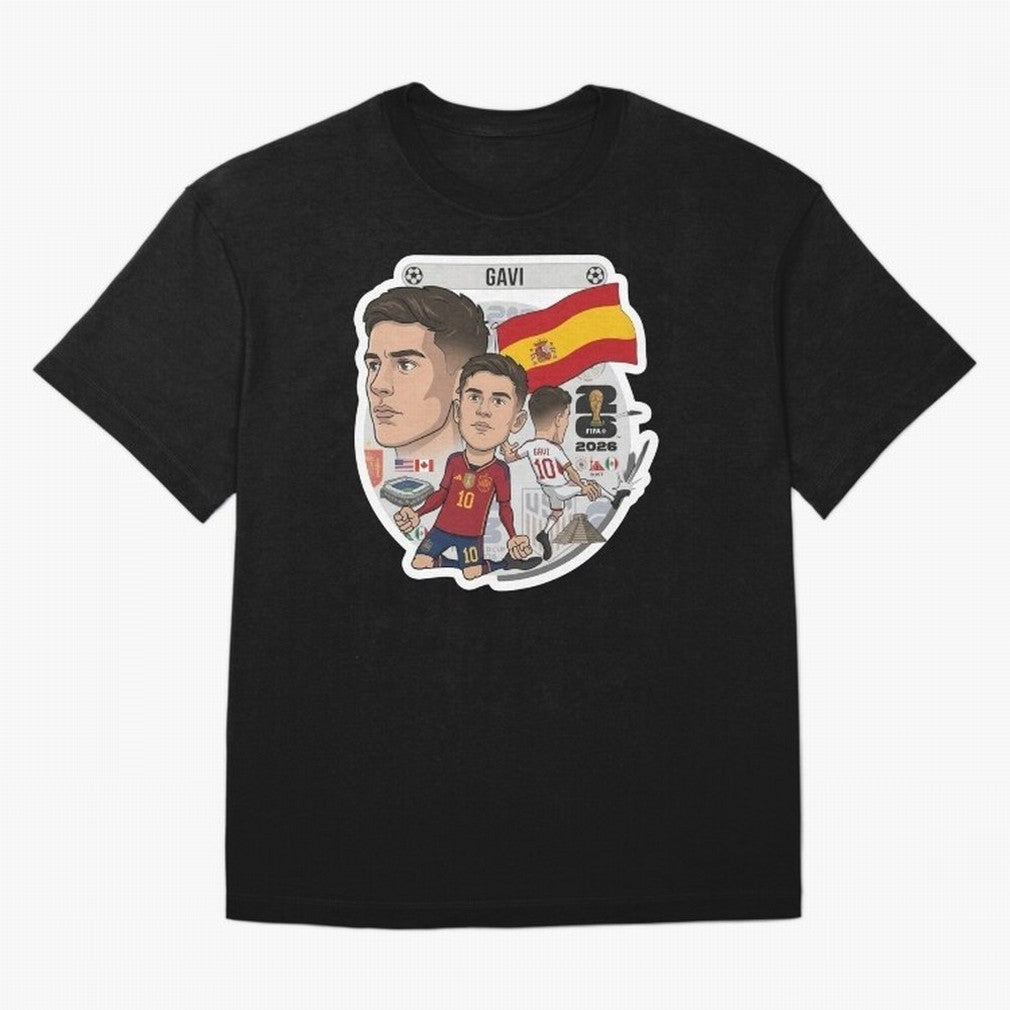 Gavi Spain National Team Football Cartoon Illustration Oversized T-Shirt Bring a Champion Mindset to the FIFA World Cup 2026 Journey through Neymar, Haaland and Cristiano Ronaldo Highlights, England and Germany Pride, Football Passion, Legendary