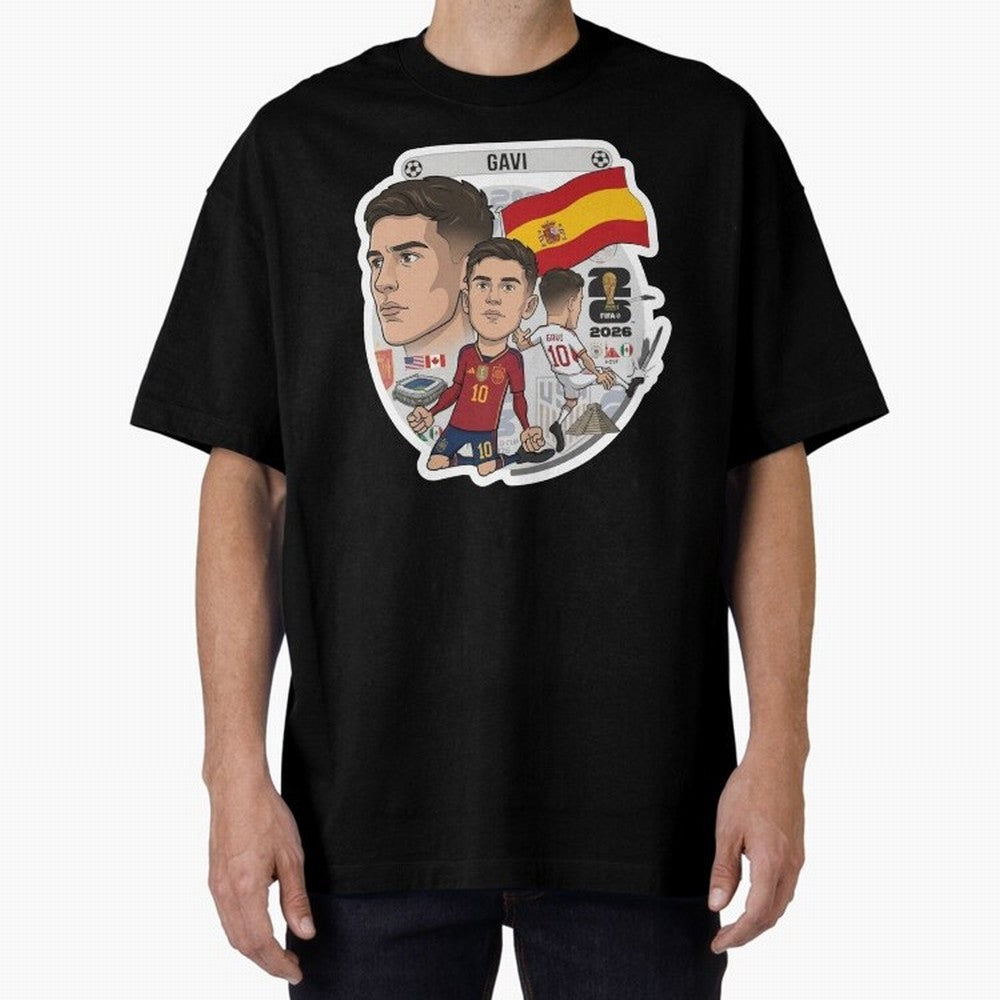 Gavi Spain National Team Football Cartoon Illustration Oversized T-Shirt Bring a Champion Mindset to the FIFA World Cup 2026 Journey through Neymar, Haaland and Cristiano Ronaldo Highlights, England and Germany Pride, Football Passion, Legendary