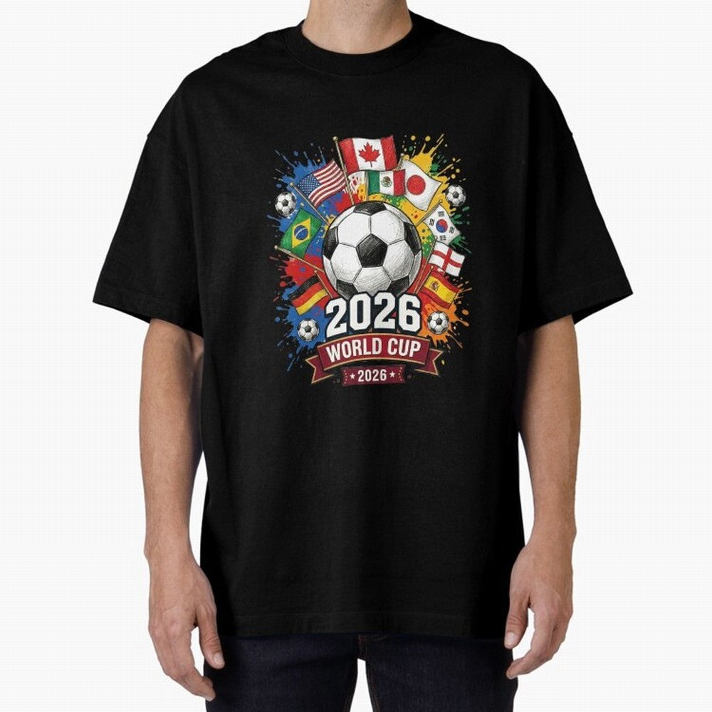 2026 World Cup Soccer Flags Graphic Oversized T-Shirt Remember FIFA World Cup 2026 USA Canada Mexico for Fans of Messi, CR7 and Mbappe and Argentina and Brazil, Bringing Global Supporter Spirit, Legendary Goals, National Colors and Tournament