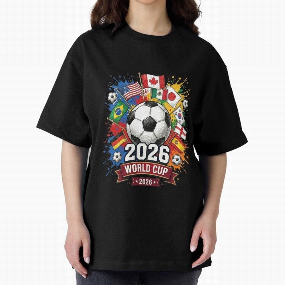 2026 World Cup Soccer Flags Graphic Oversized T-Shirt Remember FIFA World Cup 2026 USA Canada Mexico for Fans of Messi, CR7 and Mbappe and Argentina and Brazil, Bringing Global Supporter Spirit, Legendary Goals, National Colors and Tournament