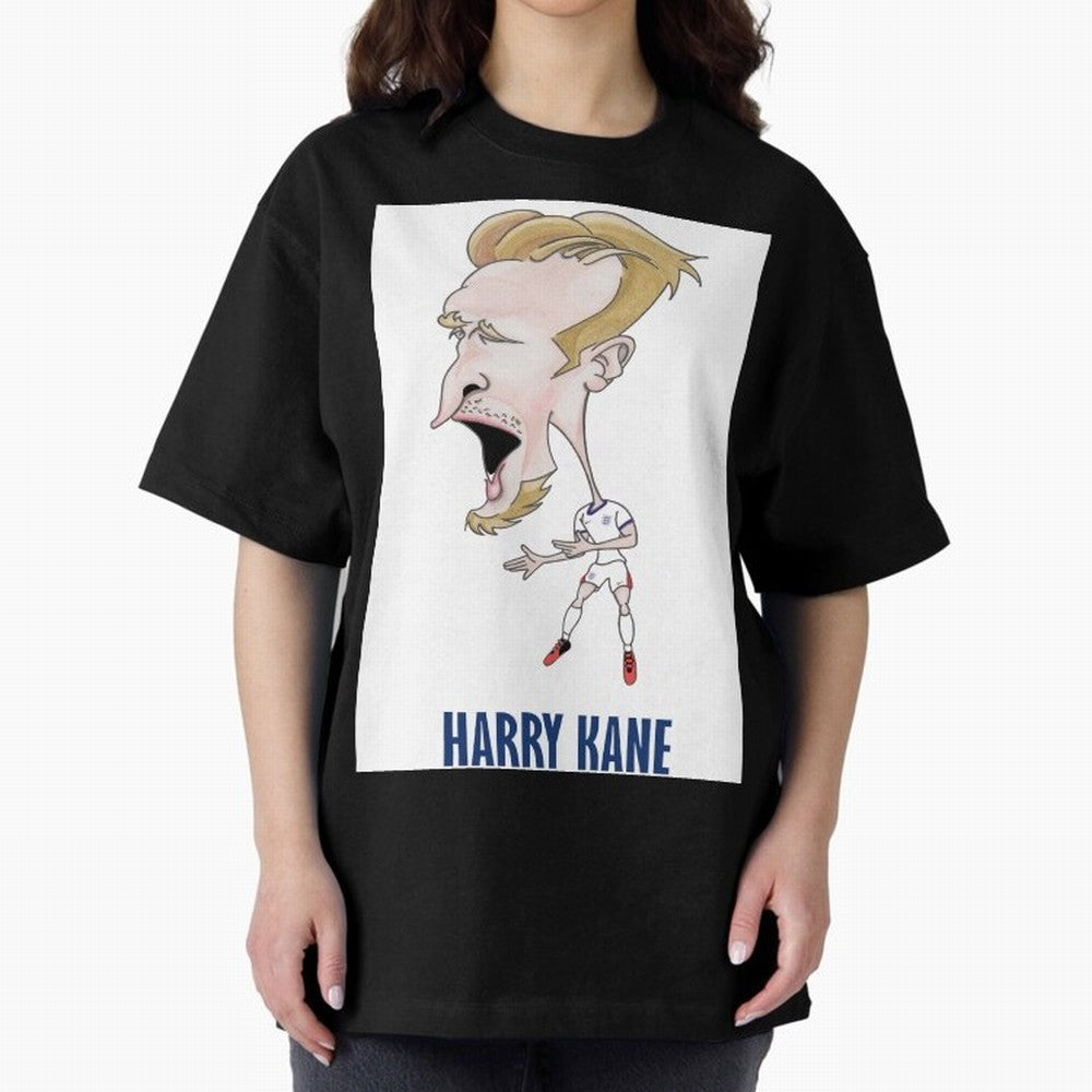 Harry Kane Caricature Print Oversized T-Shirt Enjoy the Biggest Football Party of FIFA World Cup 2026 Group Stage for Fans of Cristiano Ronaldo and Portugal, Spain and Germany, Bringing Worldwide Fan Energy, Dramatic Goals, Stadium Lights and