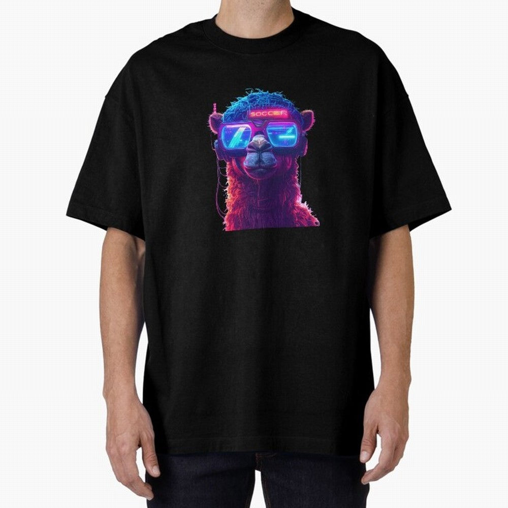 Cyberpunk Llama with Neon Soccer Vibes Oversized T-Shirt Celebrate FIFA World Cup 2026 USA Canada Mexico Spirit, Capturing England, Messi, CR7 and Mbappe, Stadium Chants, National Pride, Trophy Dreams and Unforgettable Football Memories; Ideal for
