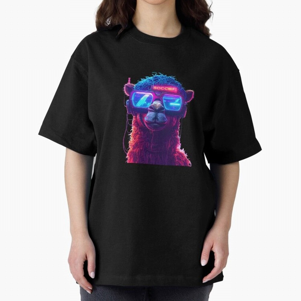 Cyberpunk Llama with Neon Soccer Vibes Oversized T-Shirt Celebrate FIFA World Cup 2026 USA Canada Mexico Spirit, Capturing England, Messi, CR7 and Mbappe, Stadium Chants, National Pride, Trophy Dreams and Unforgettable Football Memories; Ideal for
