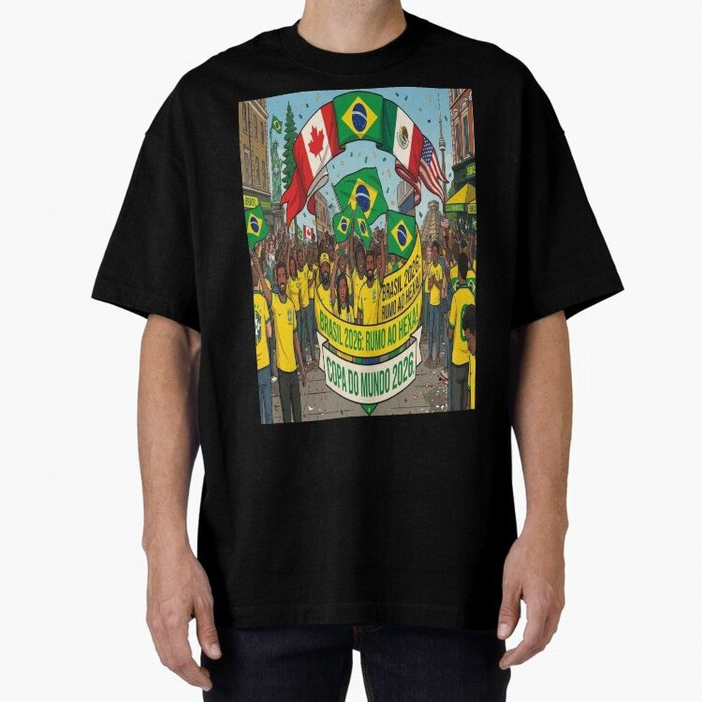 Brazil World Cup 2026 Oversized T-Shirt Celebrate the Road through FIFA World Cup 2026 Group Stage for Fans of CR7 and Messi and France and Portugal, Bringing Vintage Soccer Flavor, Modern Football Stars, National Flags and Final Night Emotion;