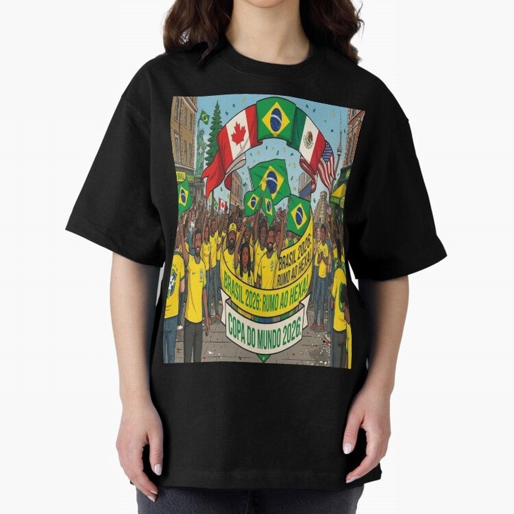Brazil World Cup 2026 Oversized T-Shirt Celebrate the Road through FIFA World Cup 2026 Group Stage for Fans of CR7 and Messi and France and Portugal, Bringing Vintage Soccer Flavor, Modern Football Stars, National Flags and Final Night Emotion;